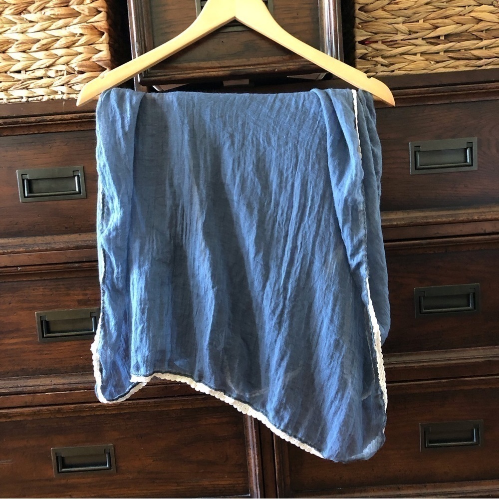 Lightweight denim blue scarf with lace trim